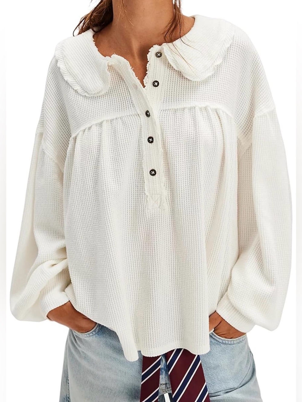 Women's White Button-Front Waffle Knit Top with Peter Pan Collar XL